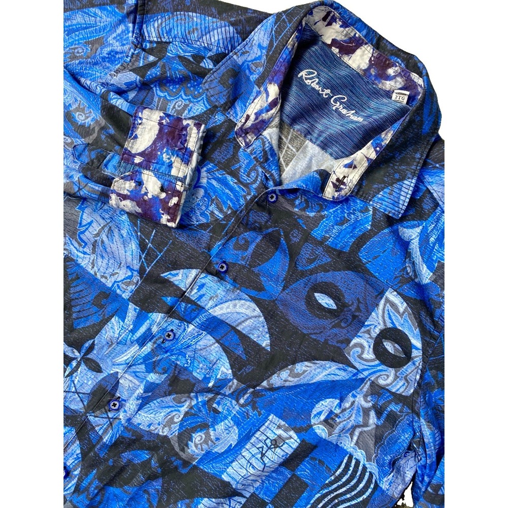 Robert Graham Dress Shirt Men 2XL Blue Flip Cuff Button Up Long Sleeve AOP